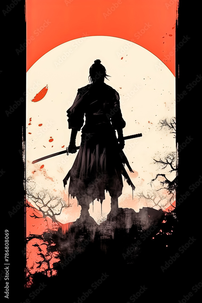 Poster a man in black is holding a sword and standing in front of a red circle.
