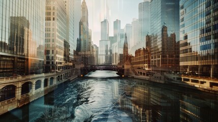 City River and Buildings Double Exposure Concept.