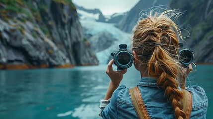 A young girl looks through tourist binoculars toward a fjord in Alaska