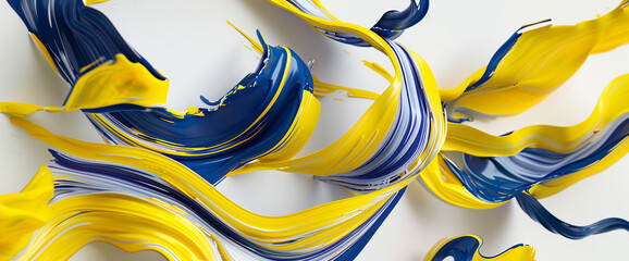 On a pristine white surface, ribbons of lemon yellow and deep cobalt blue twist and turn, creating an abstract tableau filled with vibrant energy. 