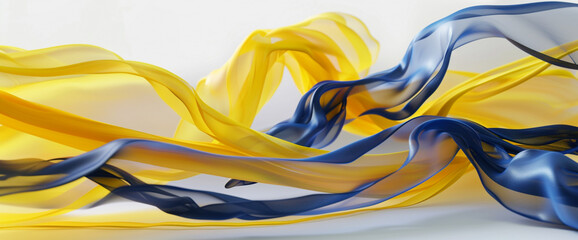 On a pristine white surface, ribbons of lemon yellow and deep cobalt blue twist and turn
