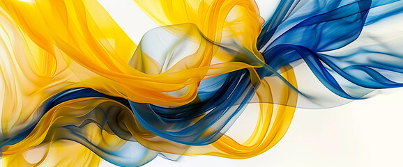 On a pristine white surface, ribbons of lemon yellow and deep cobalt blue twist and turn, creating an abstract tableau filled with vibrant energy.
