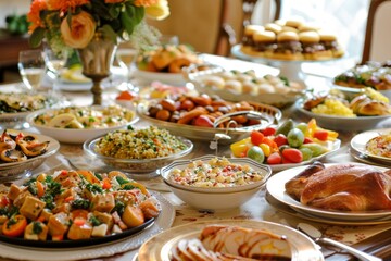 A large table is covered with a variety of food, including a turkey, chicken