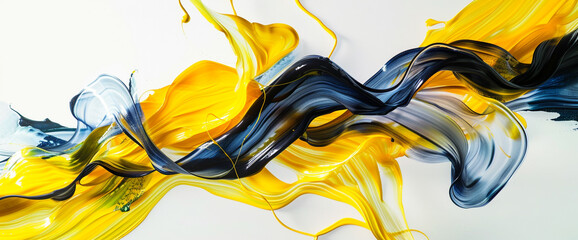 On a pristine white surface, ribbons of lemon yellow and deep cobalt blue twist and turn, creating an abstract tableau filled with vibrant energy. 
