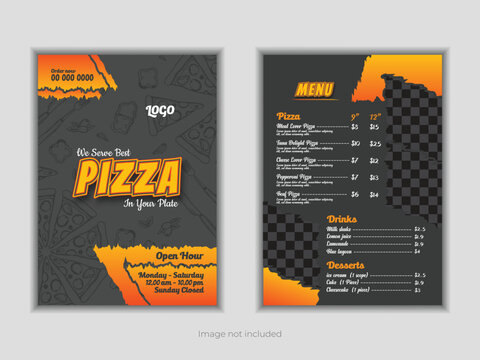 Cooking, cafe and restaurant menus, meal ordering, junk food&mdash;all featured in this fast food flyer design template. Burgers, French fries, and pizza. For a banner, poster, flyer, cover, menu, or brochu