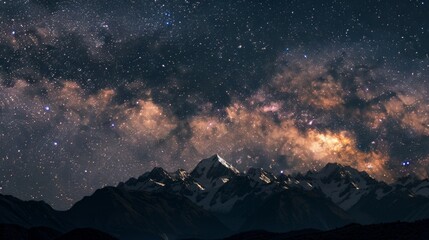 Starry night sky overlooking a vast mountain range in the distance. Majestic and tranquil nocturnal...