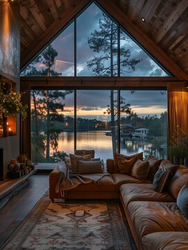 Cozy Lakeside Cabin Interior at Sunset