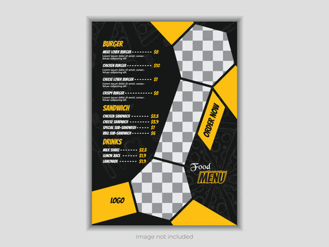 Cooking, cafe and restaurant menus, meal ordering, junk food&mdash;all featured in this fast food flyer design template. Burgers, French fries, and pizza. For a banner, poster, flyer, cover, menu, or brochu