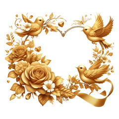 Golden rose floral heart photo frame with Love birds and wings. Image frame with bloom spring golden pink rose.