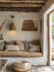 Cozy Rustic Interior Design with Cushioned Bench and Wicker Accents
