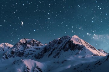 Mountain range blanketed in snow beneath the shimmering light of the moon. Serene and picturesque...