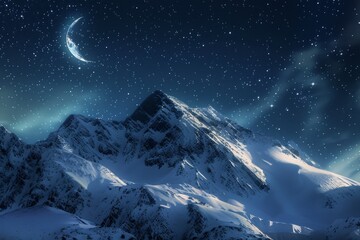 Scenic view of snow-capped mountains illuminated by the radiant light of the moon. Tranquil and...