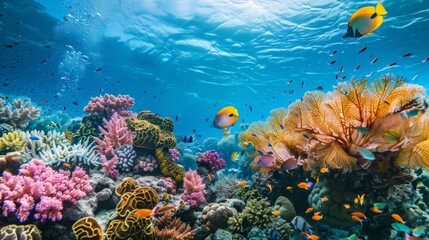 Fototapeta na wymiar Colorful coral reef teeming with diverse fish species. Vibrant underwater ecosystem alive with aquatic beauty