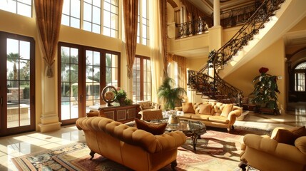 Large room furnished with an eye-catching red bed and matching carpet. Modern and chic interior decor with a touch of elegance