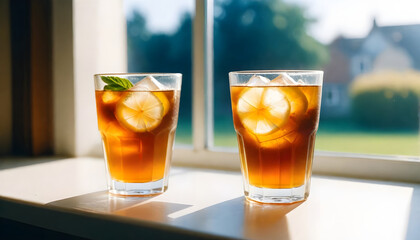 Ice tea on the desktop in front of the window picture
