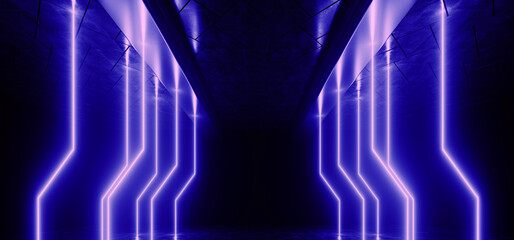 Sci Fi Modern Alien Neon Laser Blue Pillars Lights Spaceship Concrete Cement Floor Warehouse Way Entrance Tunnel Corridor Futuristic Glowing Led Studio Showcase Stage 3D Rendering