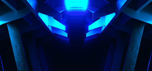 Neon Blue  Alien Spaceship Sci Fi Concrete Rough Cement Garage Tunnel Corridor Warehouse Showroom Underground Futuristic Modern Background 3D Rendering - 786810019
