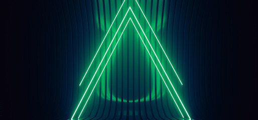 Neon Sci Fi Glowing Modern Futuristic Triangle Fluorescent Retro Green Blue Lights On Striped Metal Glossy Surface Empty Space Stage Cyber Club 3D Rendering - 786810024