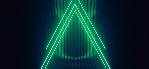 Neon Sci Fi Glowing Modern Futuristic Triangle Fluorescent Retro Green Blue Lights On Striped Metal Glossy Surface Empty Space Stage Cyber Club 3D Rendering © IM_VISUALS