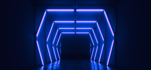 Cyber Garage Neon Fluorescent Blue Cinematic Glowing Lights Studio Empty Showroom Tunnel Concrete Floor Alien Spaceship Hangar Underground Background 3D Rendering - 786810027