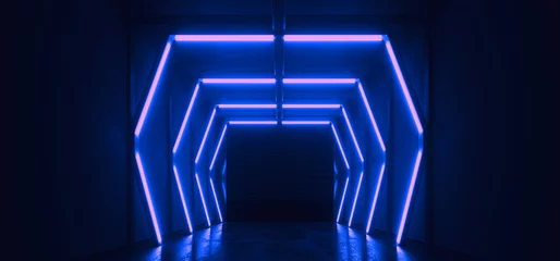 Cyber Garage Neon Fluorescent Blue Cinematic Glowing Lights Studio Empty Showroom Tunnel Concrete Floor Alien Spaceship Hangar Underground Background 3D Rendering © IM_VISUALS