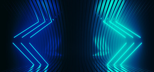 Neon Sci Fi Glowing Arow Pointers Lines Fluorescent Retro Blue Lights On Striped Metal Futuristic Glossy Surface Empty Space Stage Cyber Club 3D Rendering - 786810040