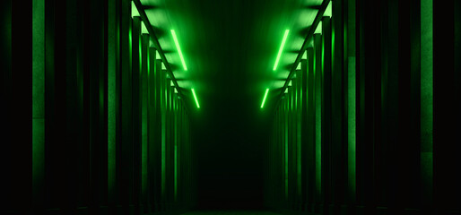 Dark Hallway Columns Parking Concrete Cement Stone Pillars Corridor Hall Tunnel Underground Sci Fi Futuristic  Neon Green Led Lights Spaceship 3D Rendering - 786810047