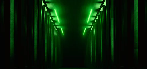 Dark Hallway Columns Parking Concrete Cement Stone Pillars Corridor Hall Tunnel Underground Sci Fi Futuristic  Neon Green Led Lights Spaceship 3D Rendering © IM_VISUALS
