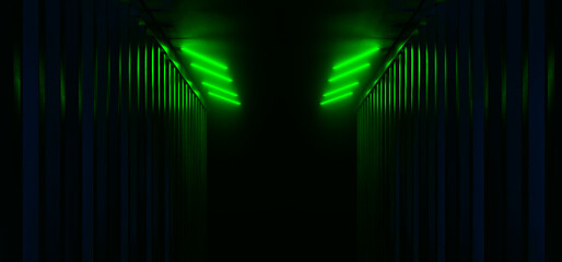Dark Hallway Columns Parking Concrete Cement Stone Pillars Corridor Hall Tunnel Underground Sci Fi Futuristic  Neon Green Led Lights Spaceship 3D Rendering - 786810090
