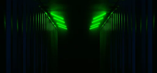 Dark Hallway Columns Parking Concrete Cement Stone Pillars Corridor Hall Tunnel Underground Sci Fi Futuristic  Neon Green Led Lights Spaceship 3D Rendering © IM_VISUALS