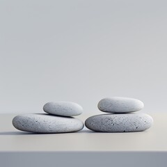 Fototapeta na wymiar Three rocks stacked on table in monochrome still life