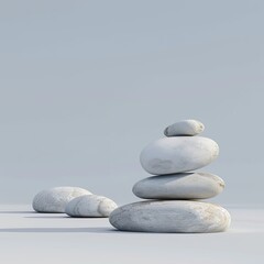 Balanced rock stack on white surface, artful gesture in still life photography