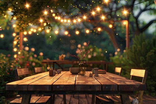 Wooden table adorned with string lights under a tree in natural landscape