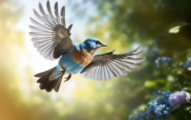 Male Eastern Bluebird flying in the autumn forest