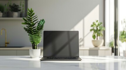 Open laptop placed on a table beside a potted plant. Modern workspace blending technology and nature