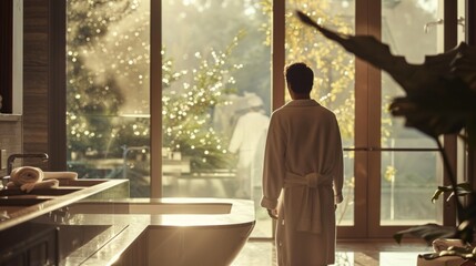 Fototapeta premium A man in a robe stands in front of a bathtub with a view of a tree outside