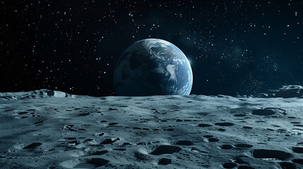 A view of the Earth from the moon surface with footprints and a space. photography, with high resolution, high detail, and hyper realistic details. View of Moon limb with Earth rising on the horizon. 