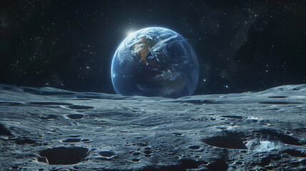 A view of the Earth from the moon surface with footprints and a space. photography, with high resolution, high detail, and hyper realistic details. View of Moon limb with Earth rising on the horizon. 