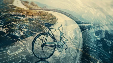 Foto auf Alu-Dibond Top-Down Perspective of Vintage Bicycle Double Exposure on Twisting Road AI Generated. © Newaystock