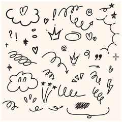 Set of cute pen line doodle element with illustration style doodle and line art