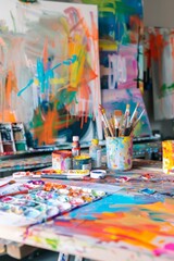 A vibrant art studio with colorful paint palettes, bold brush strokes, and abstract canvases, Generative AI