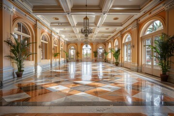 Spacious empty room adorned with white pillars and a majestic chandelier. Grand and opulent architectural interior