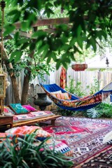 Fototapeta premium A vibrant bohemian garden with colorful hammocks, patterned rugs, and vibrant outdoor cushions, Generative AI