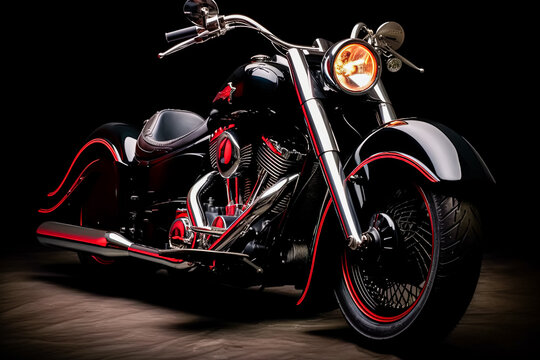 A black motorcycle with red accents is parked in front of a dark background