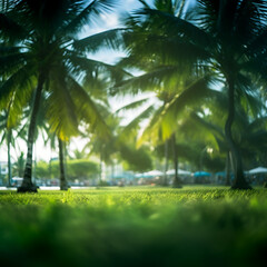 Naklejka premium Green grass and coconut trees in the park with sun light, vintage tone.