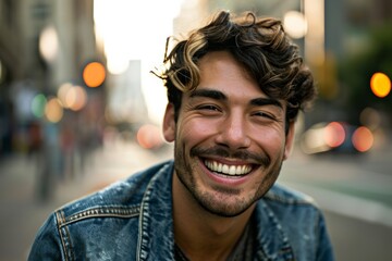 Portrait of a handsome young man laughing in the city streets.