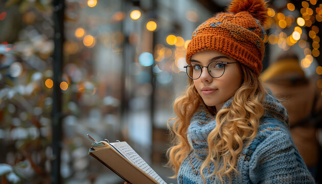smart girl dressed knitwear waistcoat hold copybook