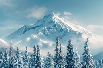 Snowy mountain range with a scattering of trees in the foreground. Majestic and serene alpine vista - obrazy, fototapety, plakaty
