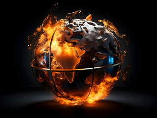 Apocalyptic Collapse of the Burning Earth Globe - Conceptual of Global Warming and Environmental Disaster - obrazy, fototapety, plakaty