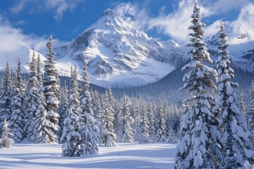 Snow-covered peaks with trees in the foreground. Pristine and tranquil mountain landscape